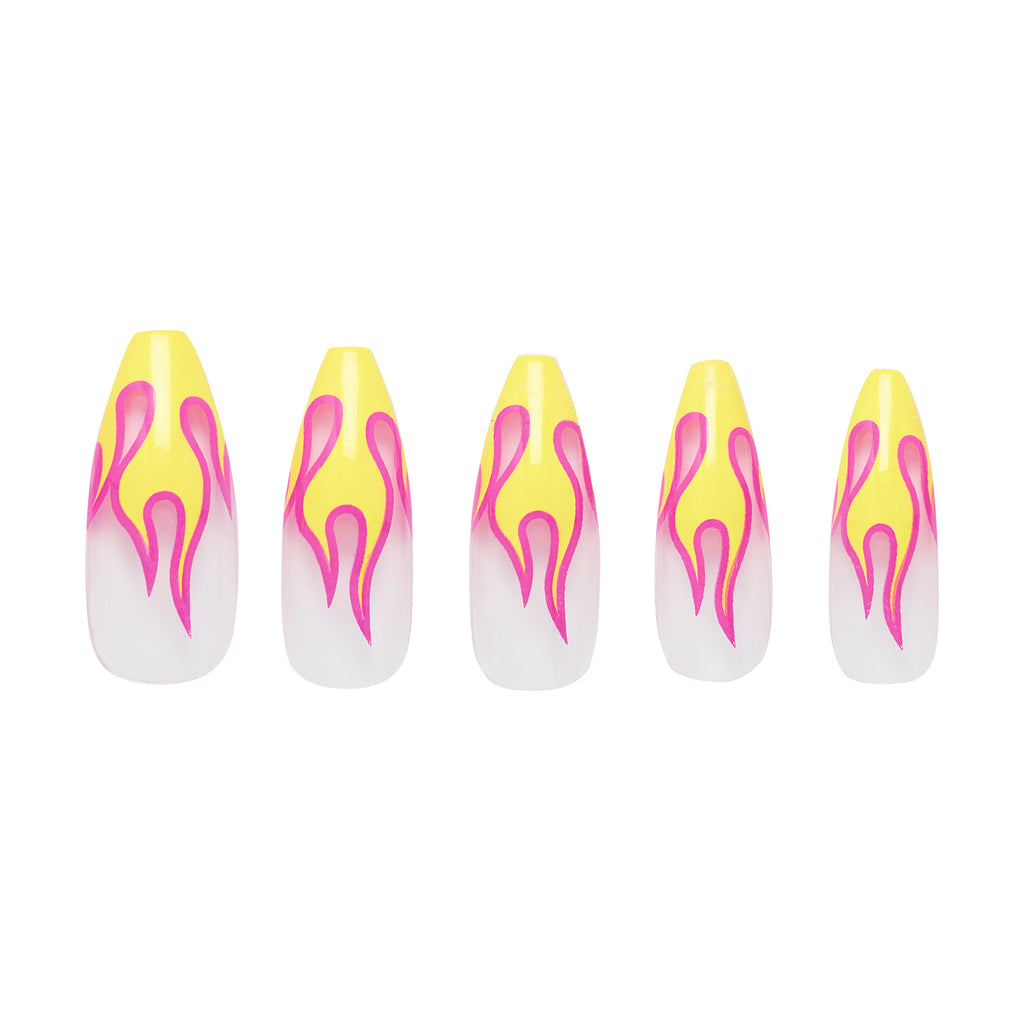 Tres She instant acrylic press on nails neon yellow and hot pink flames on a clear nail in long tapered ballerina shape