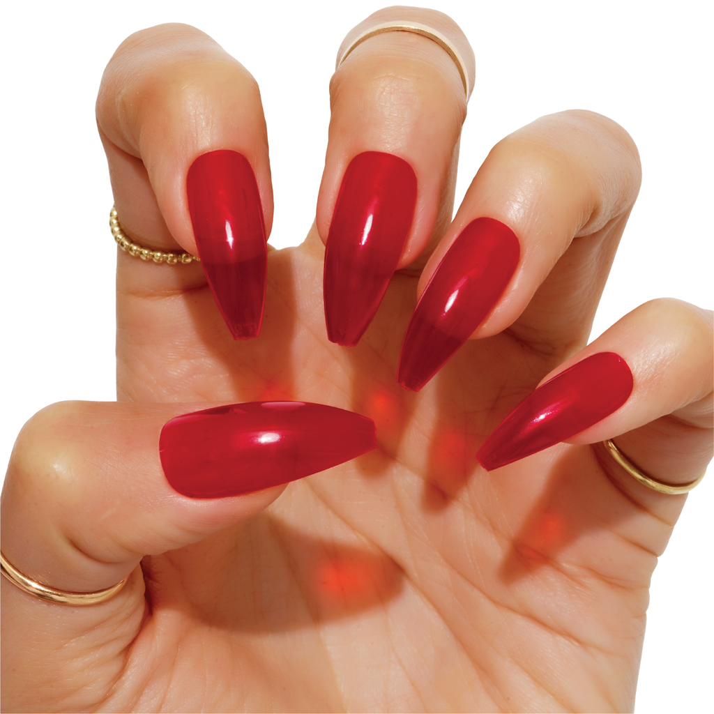Tres She instant acrylic press on nails classic red sheer jelly in long tapered ballerina shape