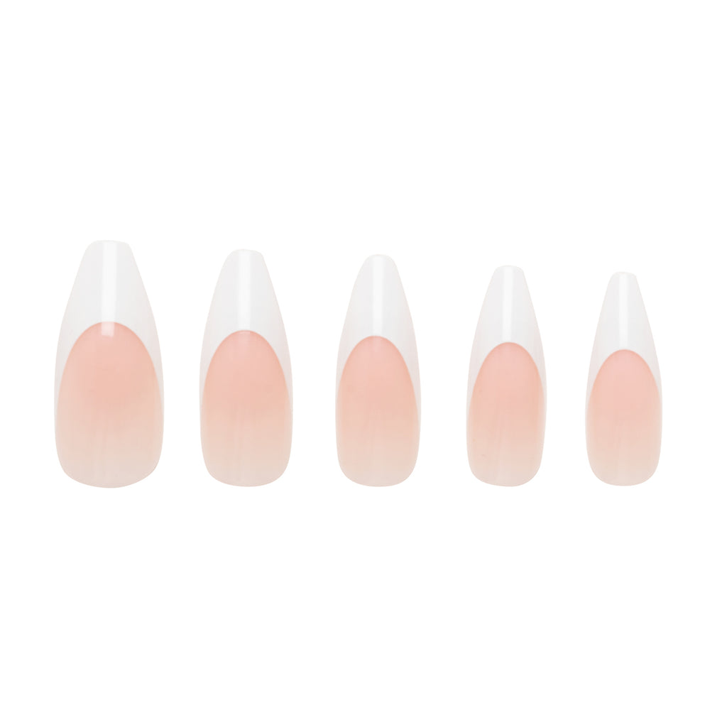 Tres She instant acrylic press on nails classic French tips in long tapered ballerina shape