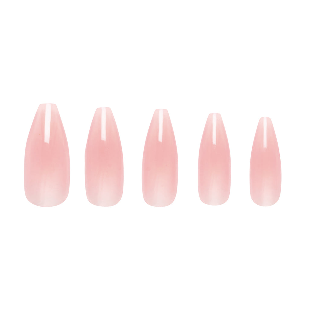 Tres She instant acrylic press on nails in peachy nude sheer jelly long tapered ballerina shape