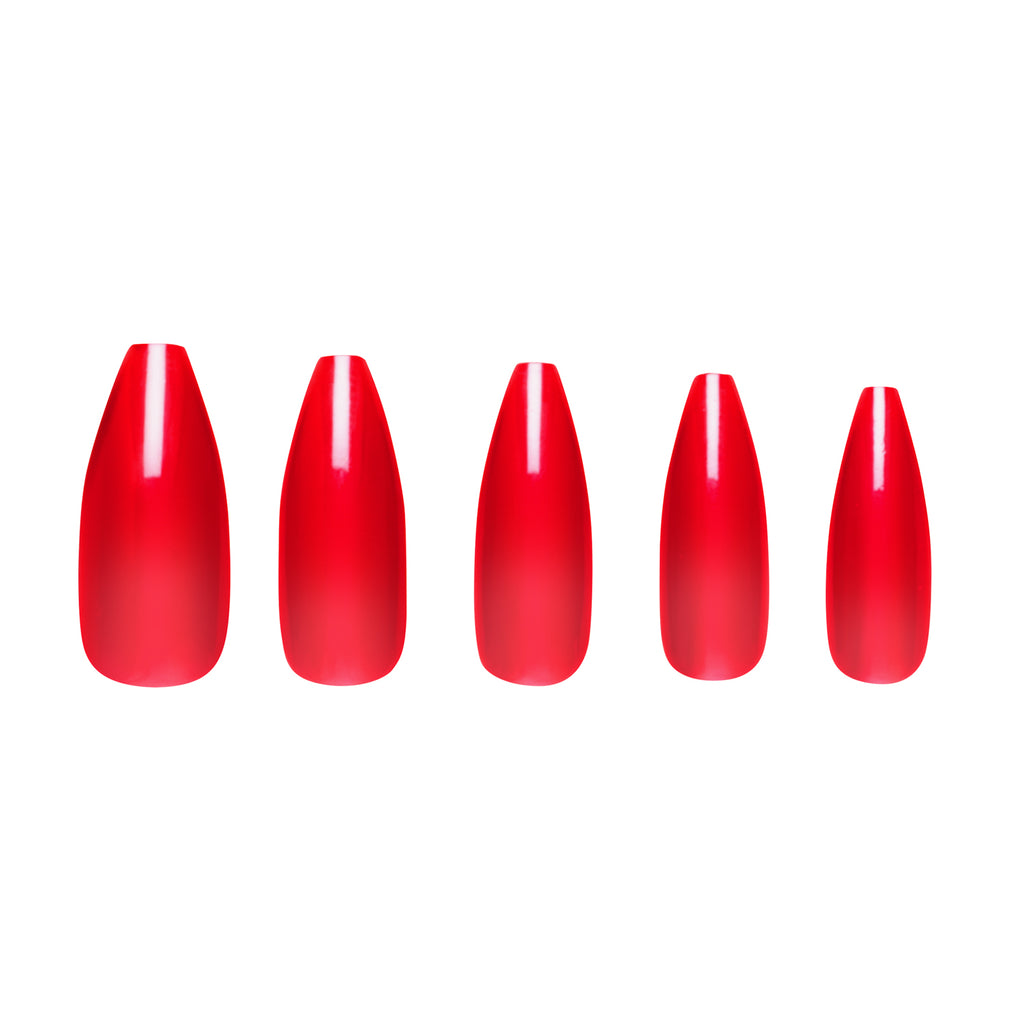 Tres She instant acrylic press on nails classic red sheer jelly in long tapered ballerina shape
