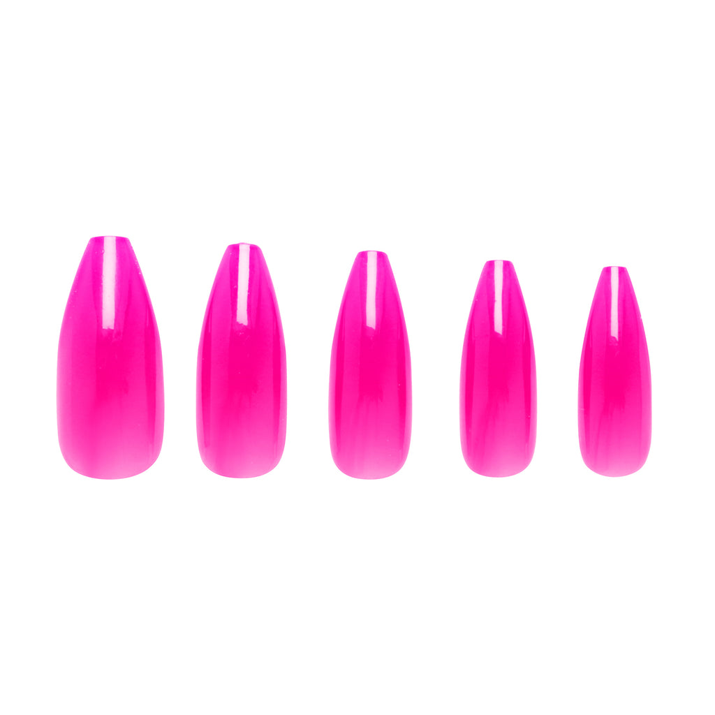 Tres She instant acrylic press on nails in hot pink sheer jelly long tapered ballerina shape