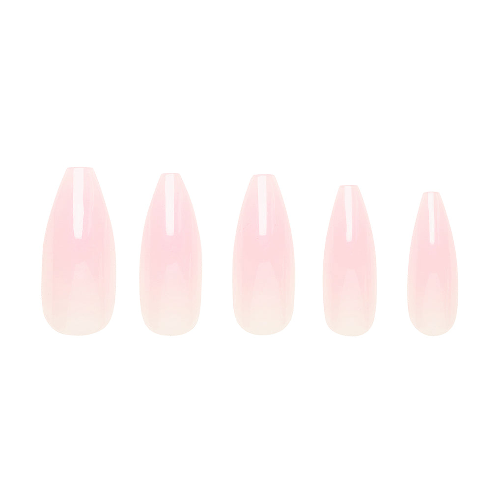 Tres She instant acrylic press on nails in sheer baby pink jelly long tapered ballerina shape