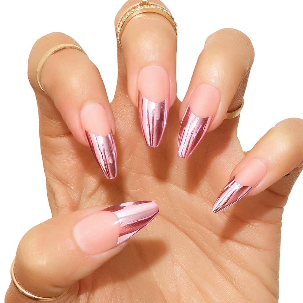 Tres She instant acrylic press on nails pink mirror French tips in long tapered ballerina shape
