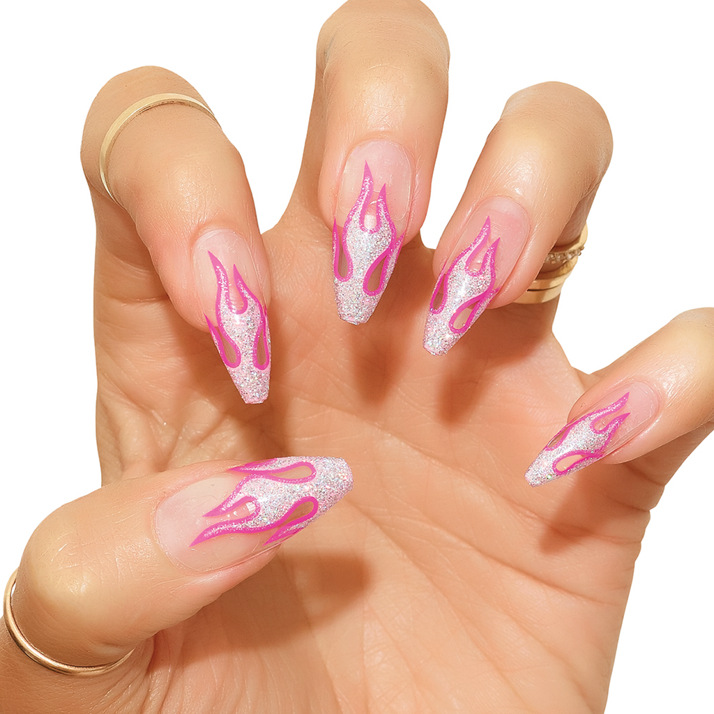 Tres She instant acrylic press on nails holographic glitter and hot pink flames on a clear nail in long tapered ballerina shape