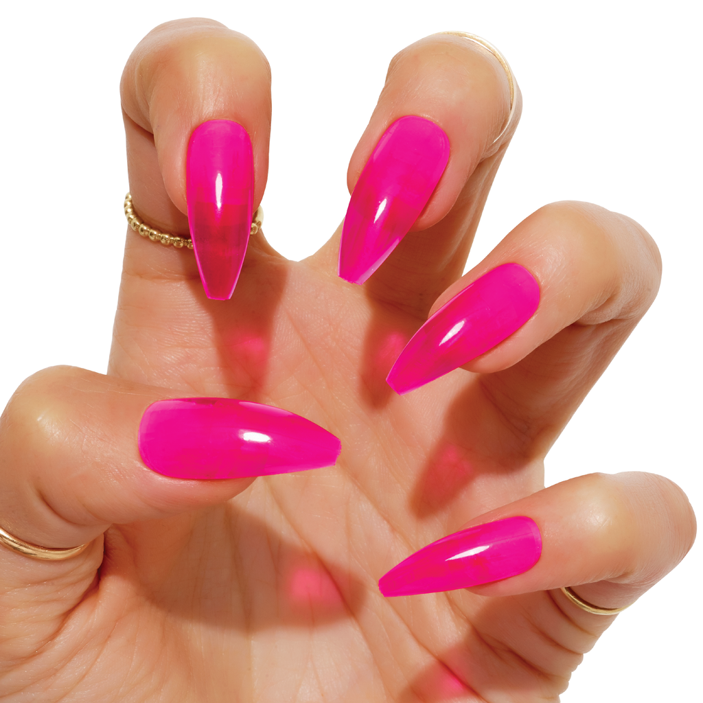 Tres She instant acrylic press on nails in hot pink sheer jelly long tapered ballerina shape
