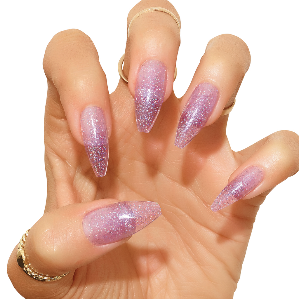 Tres She instant acrylic press on nails in sheer lilac jelly with holographic glitter in long tapered ballerina shape