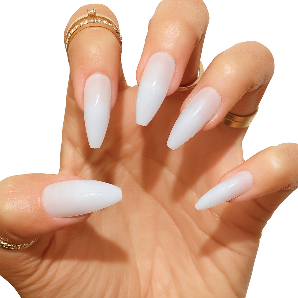Tres She instant acrylic press on nails in sheer milky white jelly long tapered ballerina shape
