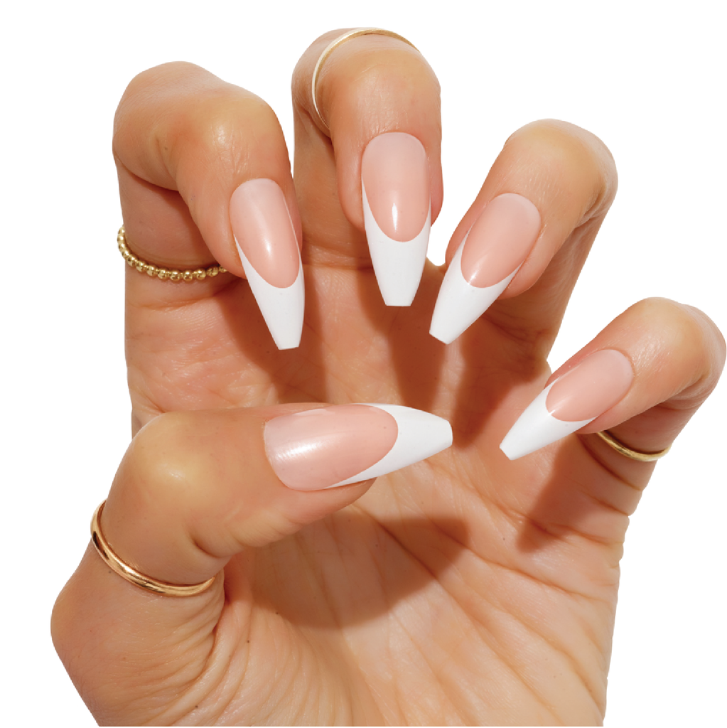 Tres She instant acrylic press on nails classic French tips in long tapered ballerina shape