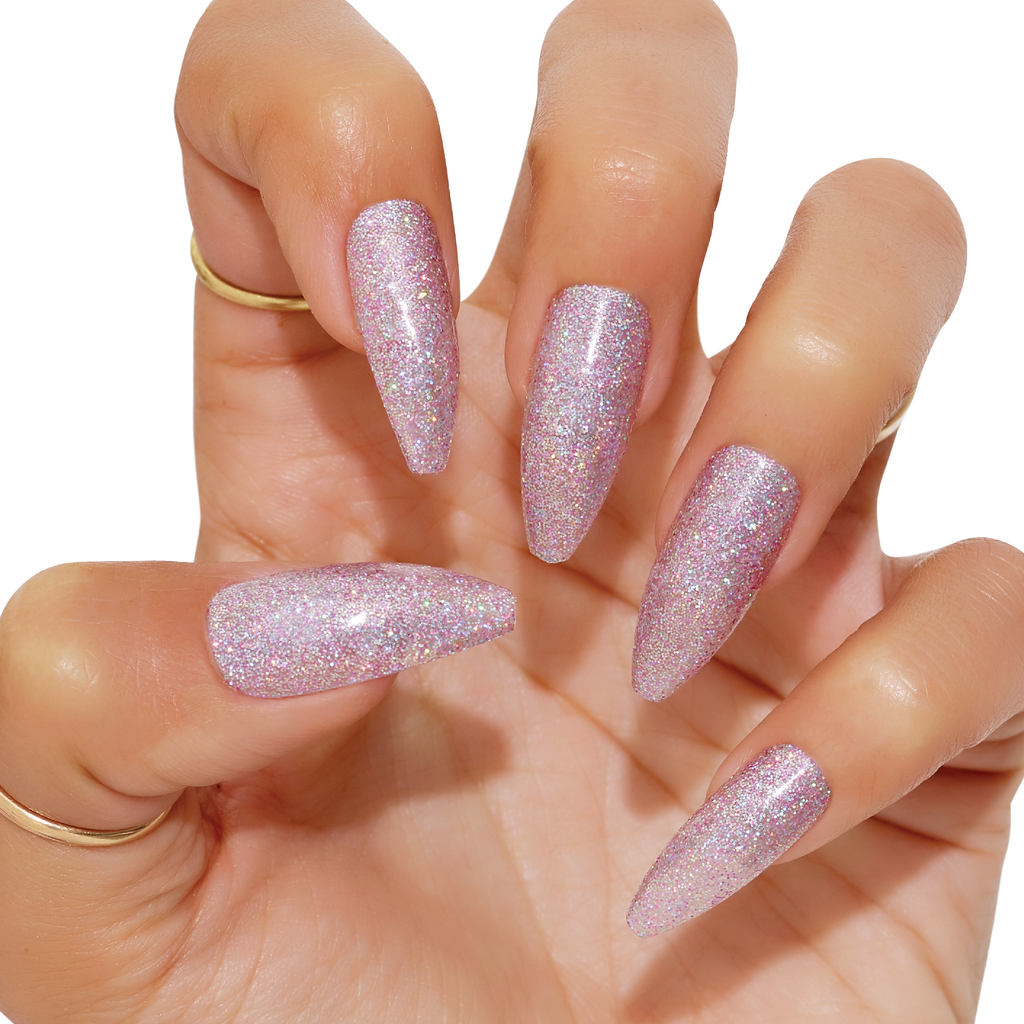 Tres She instant acrylic press on nails in lilac holographic glitter long tapered ballerina shape
