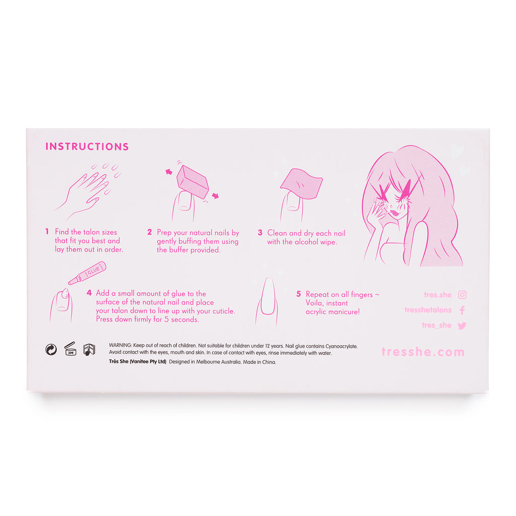 Tres She instant acrylic press on nails back of box with application instructions