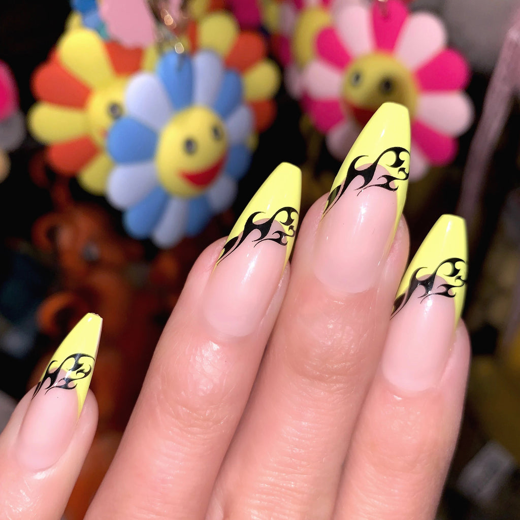 Tres She instant acrylic press on nails in neon yellow French tips with tattoo print long tapered ballerina shape
