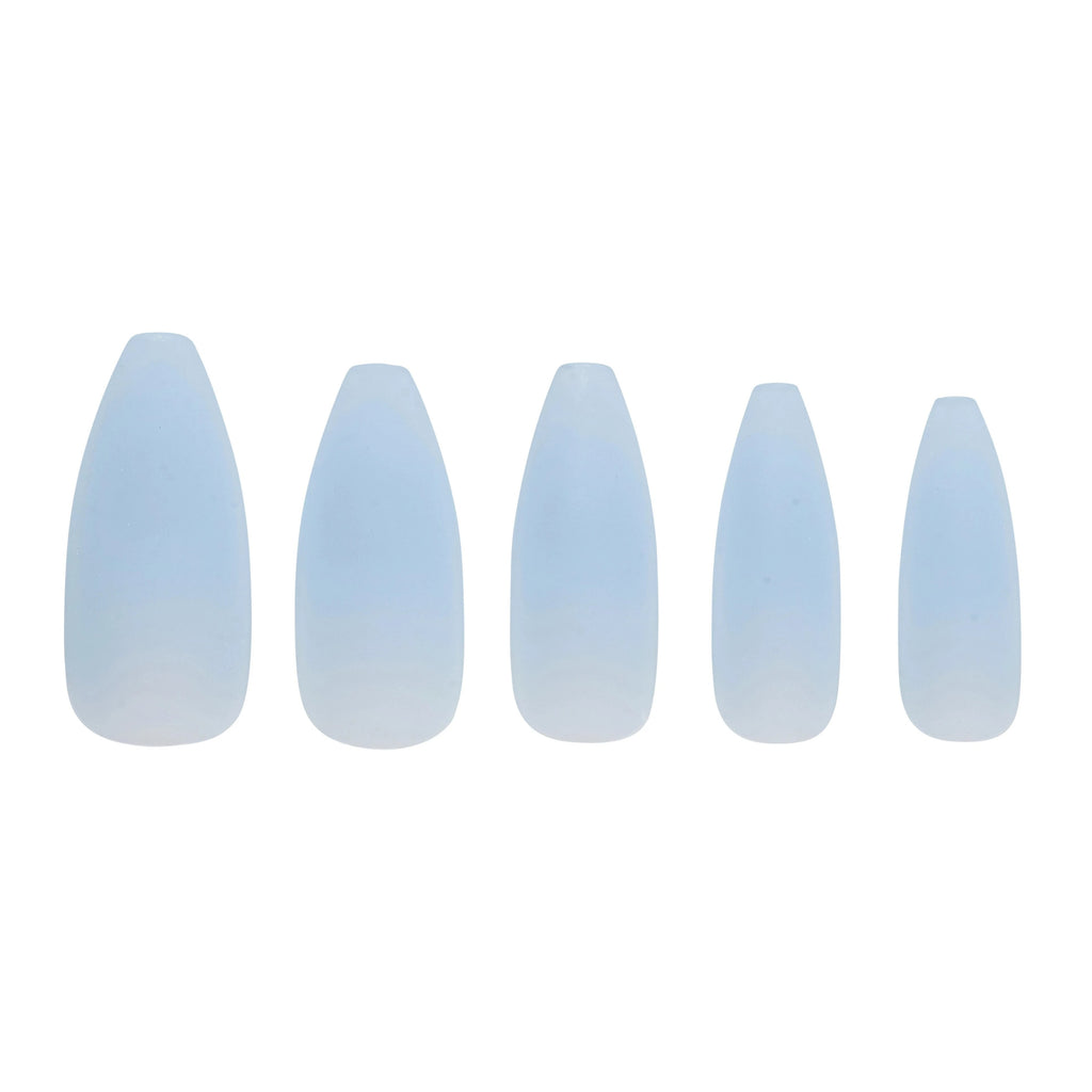 Tres She instant acrylic press on nails baby blue matte sheer jelly in long tapered ballerina shape