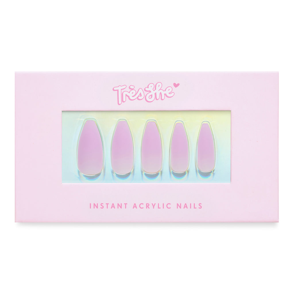 Tres She instant acrylic press on nails in matte lilac jelly long tapered ballerina shape